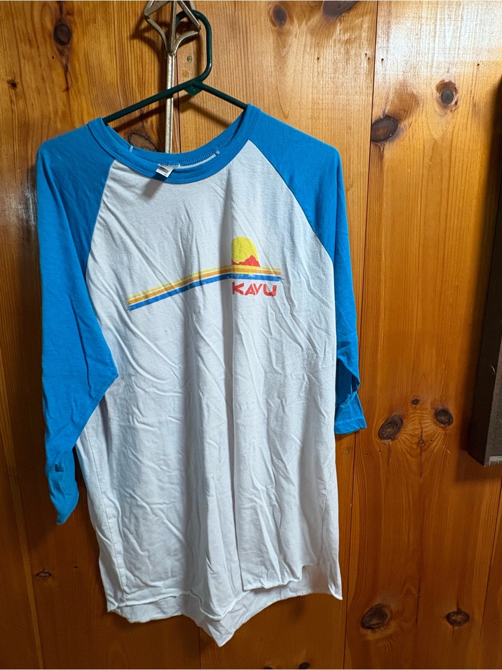 Kavu White Tee with Teal Blue Ribbed Collar
